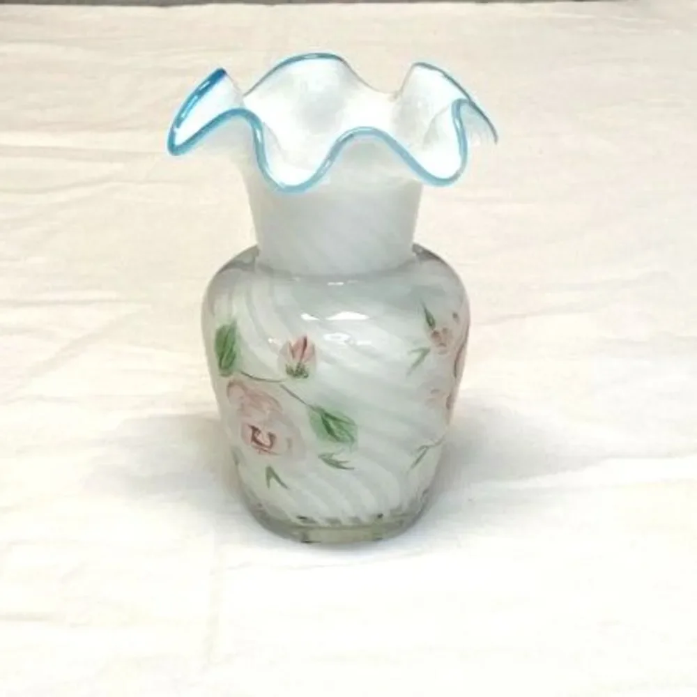 Fenton Teleflora Aqua Crest Hand Painted Cased Glass Swirl Ruffled Small Vase